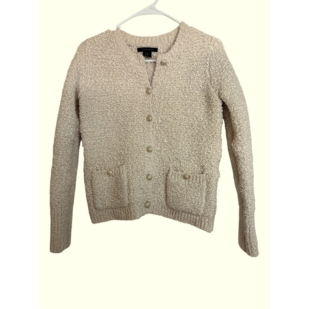 Tahari Womens Cream Boucle Knit Cardigan Sweater Gold Button Front‎ Ivory XS